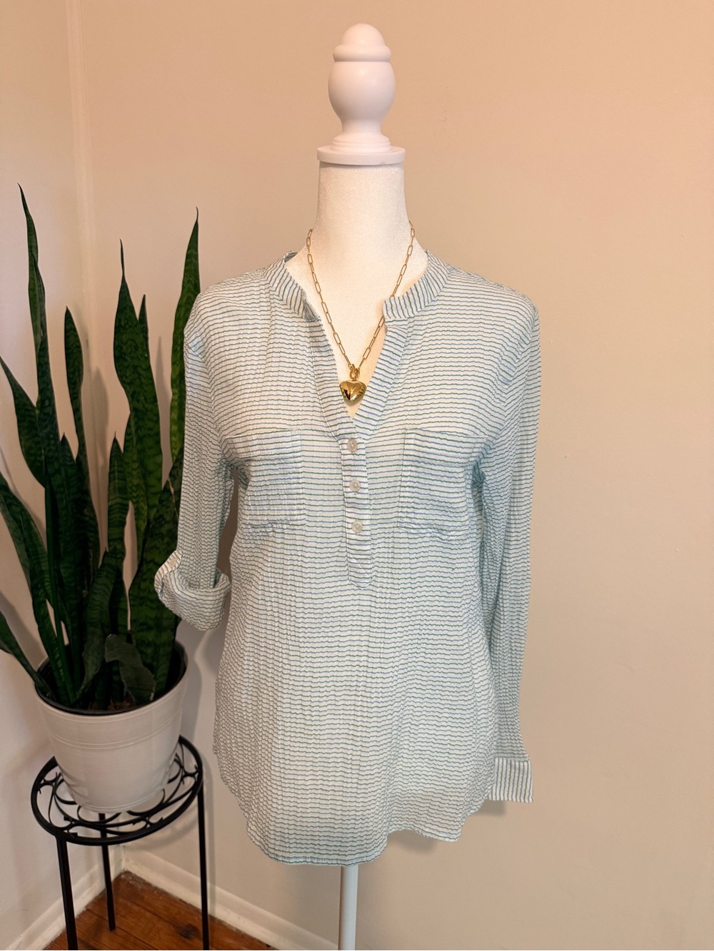 Carve Designs | Dylan Gauze Top Light Blue, White, and Green Striped